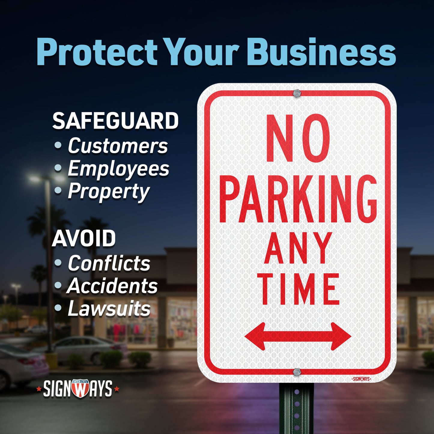 SignWays No Parking Any Time Signs (Double Arrows, White Red) | No Parking Signs Metal | Made in USA 12” x 18”