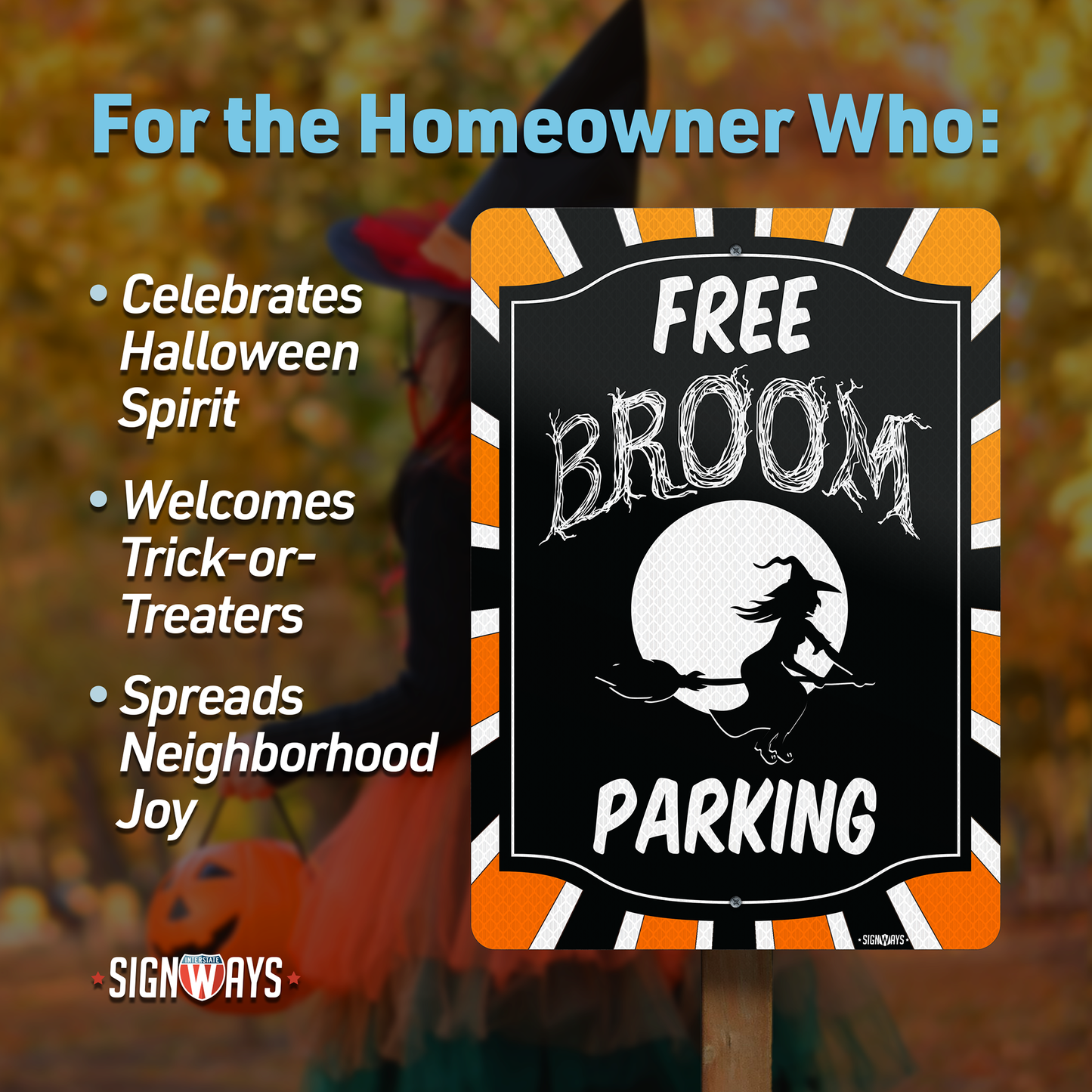 Witches Broom Halloween Décor, Free Broom Parking Sign for Outdoor Aluminum 14x10”