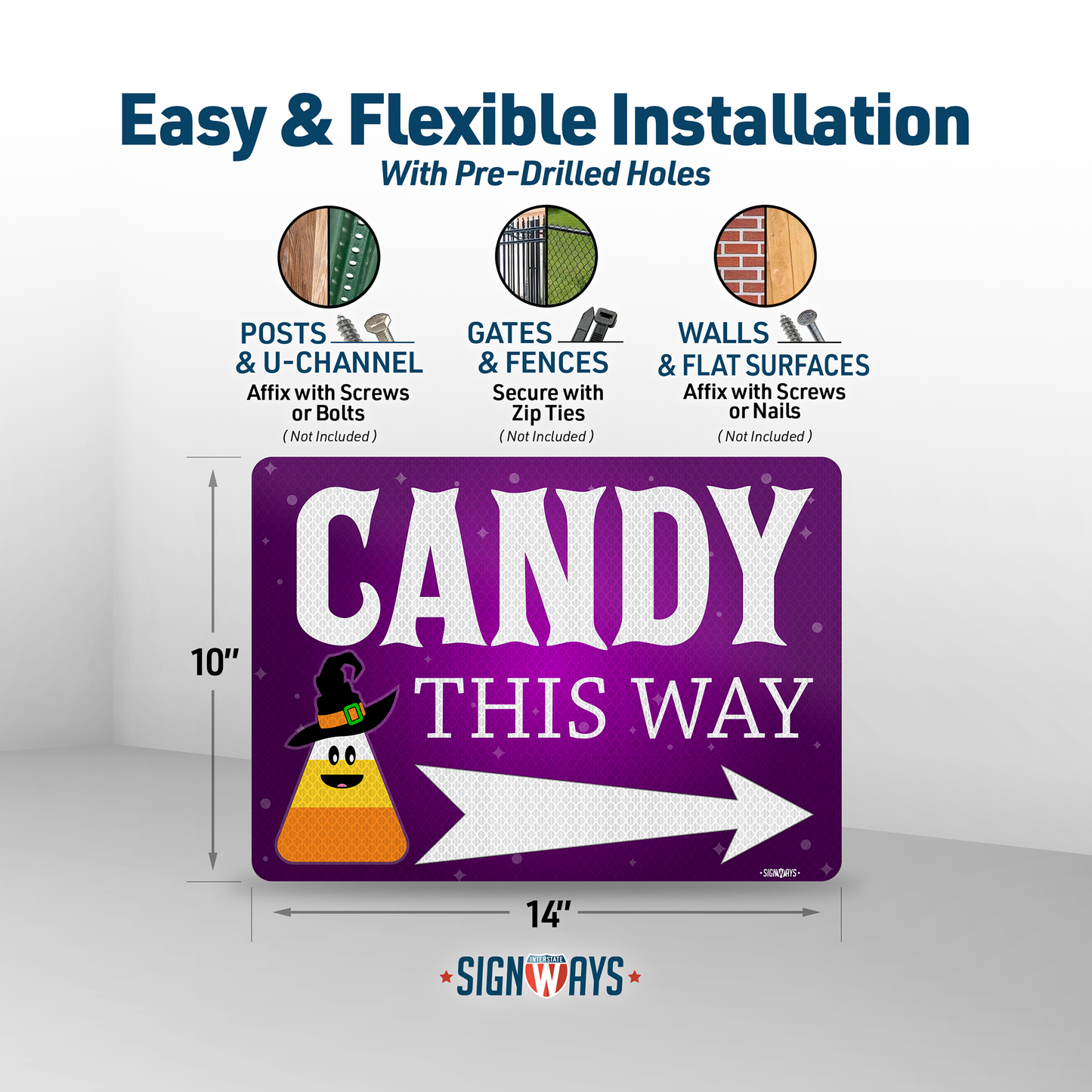 Trick or Treat Sign | Halloween Candy This Way Sign Right Arrow Reflective 14x10”