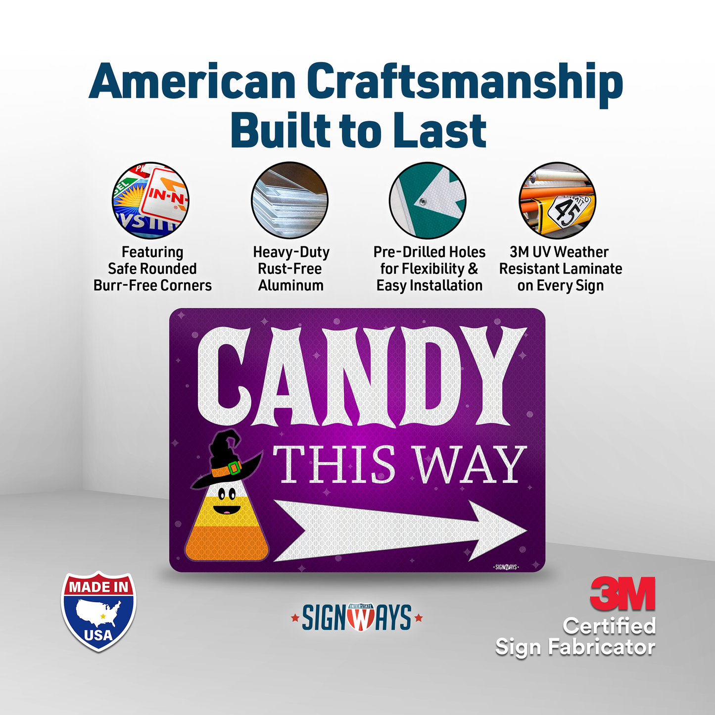 Trick or Treat Sign | Halloween Candy This Way Sign Right Arrow Reflective 14x10”