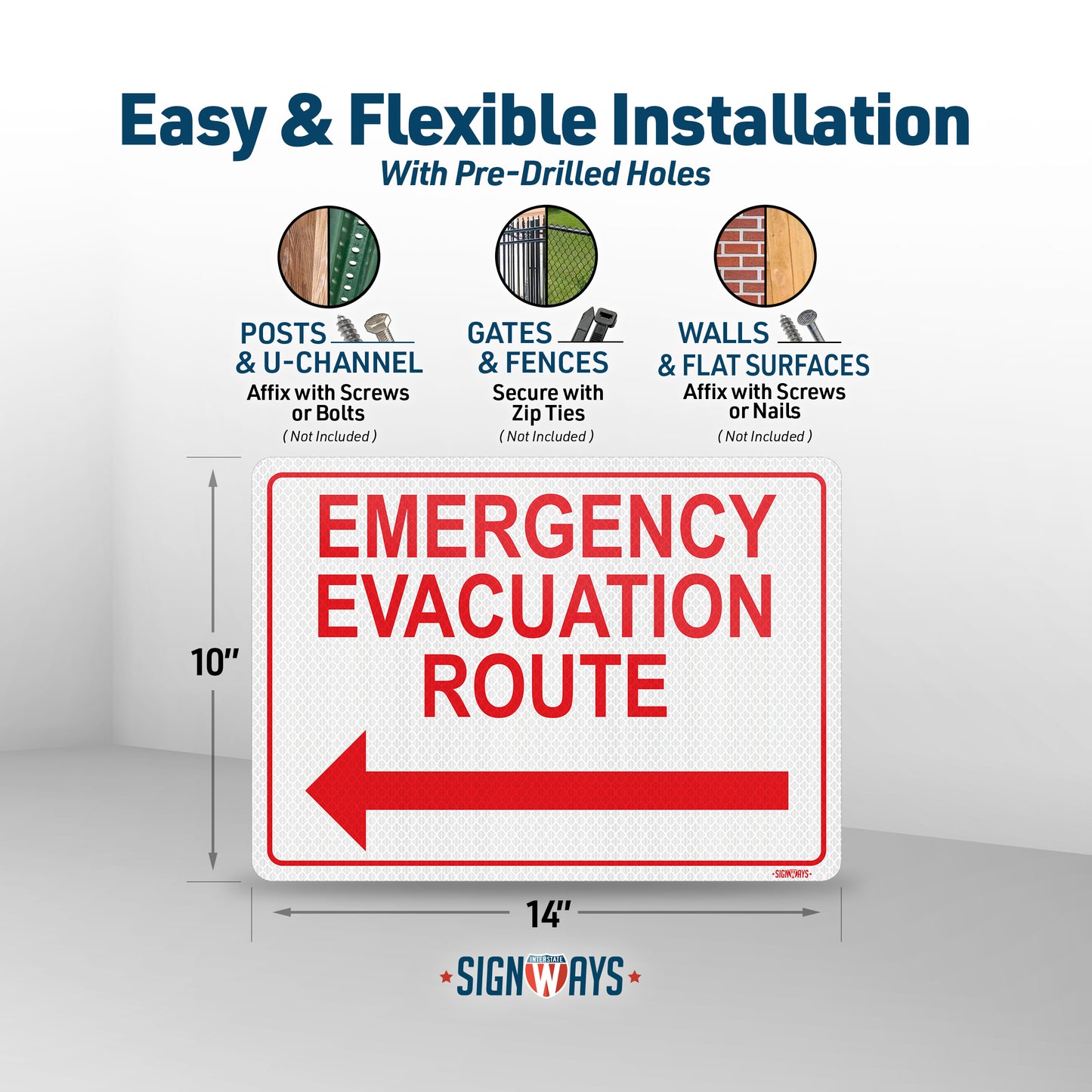 Emergency Evacuation Route Sign with Arrow Left | 3M Grade Aluminum Sheeting Reflective | Made in USA | 14” x 10”
