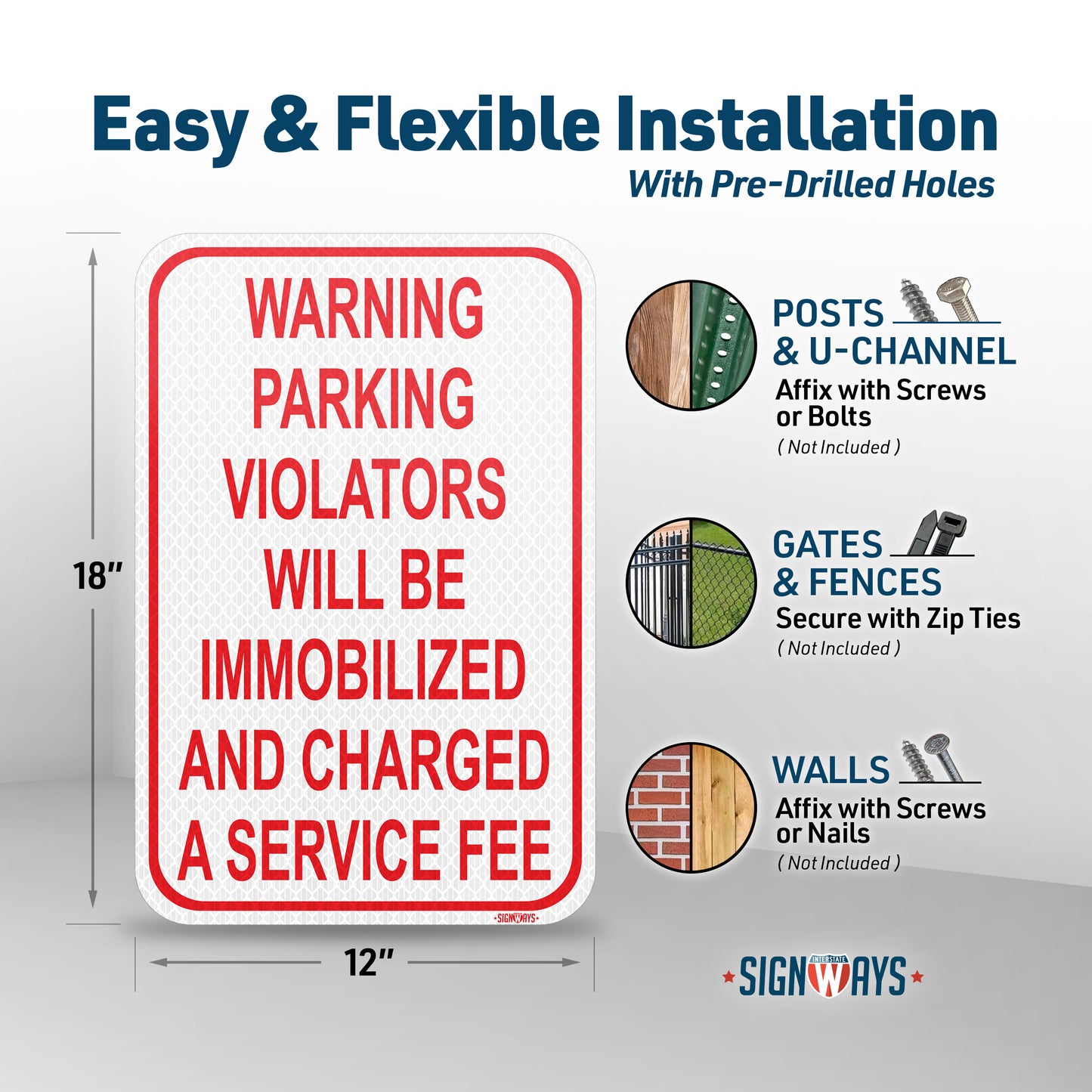 SignWays No Parking Signs Metal | Warning Parking Violators Will Be Immobilized and Charged a Service Fee | Made in USA | Red White