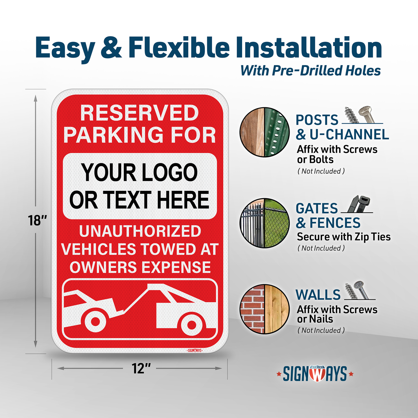 Custom Reserved Parking Sign w Your Text or Logo | Unauthorized Vehicles Towed at Owners Expense | 3M Non-Reflective Aluminum | Red White 12x18”
