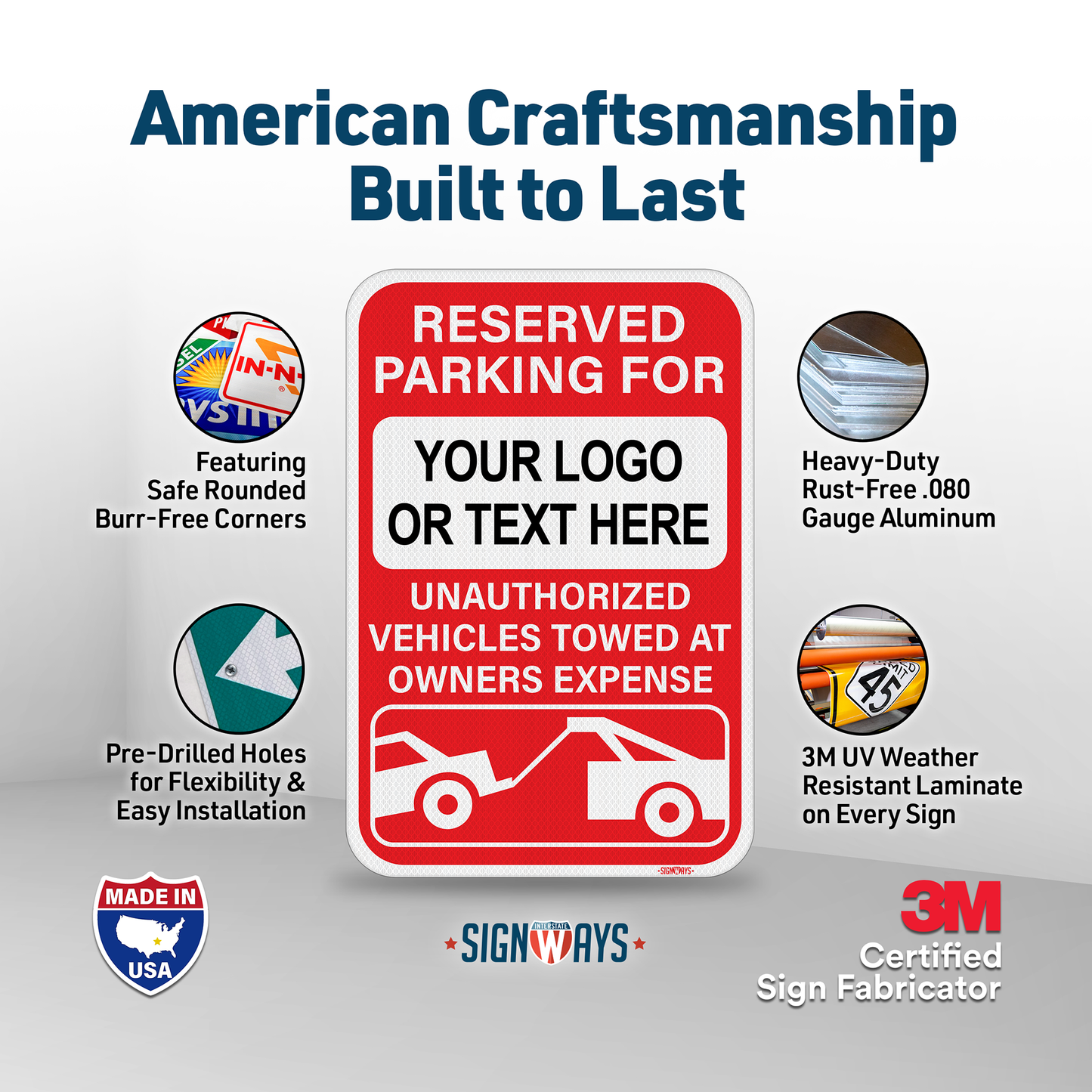 Custom Reserved Parking Sign w Your Text or Logo | Unauthorized Vehicles Towed at Owners Expense | 3M Non-Reflective Aluminum | Red White 12x18”