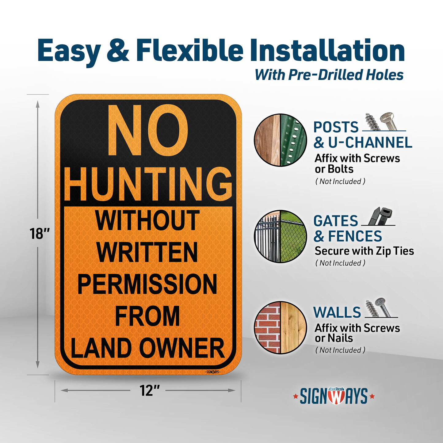 SignWays No Hunting Signs Private Property | (Orange and Black) 12x18”