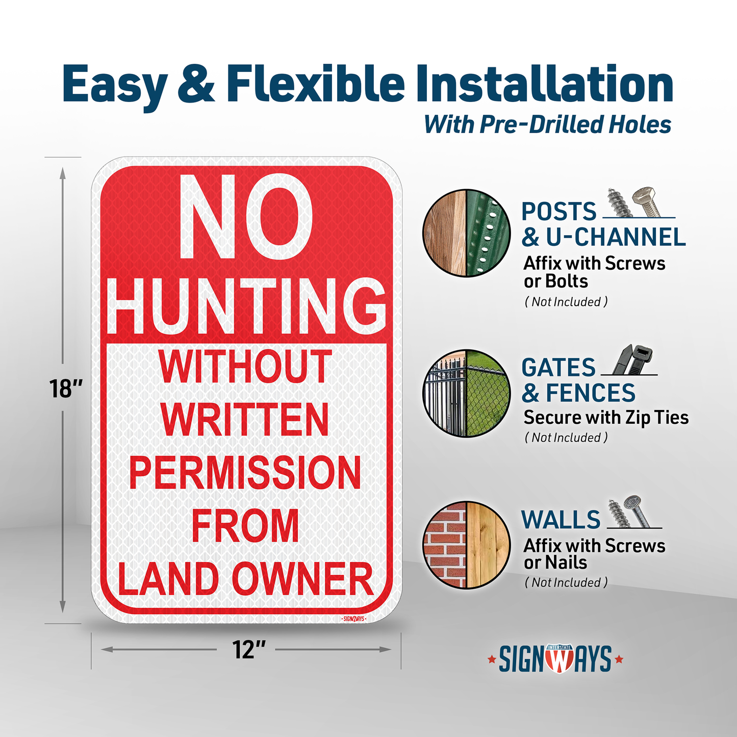 SignWays No Hunting Signs Private Property | (Red and White) 12x18”