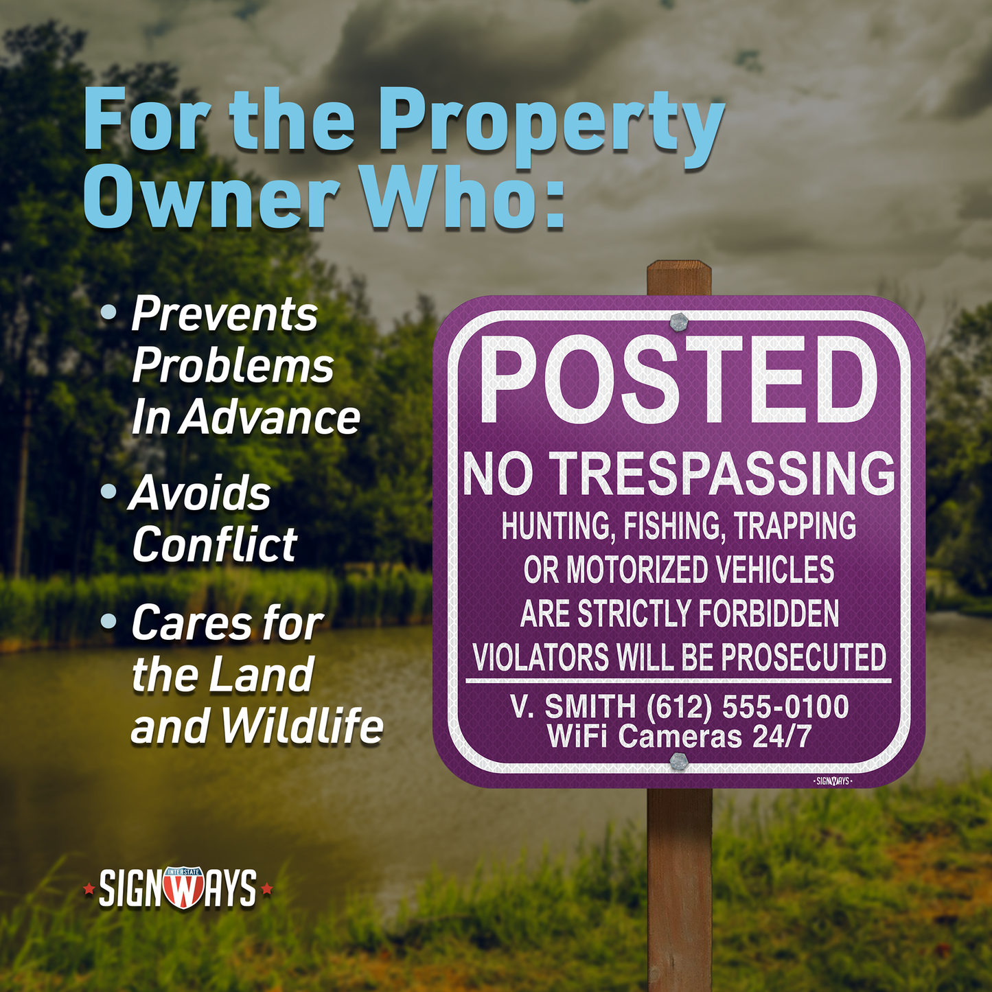 Custom Posted Signs | No Trespassing Hunting Trapping | Purple White 12x12”