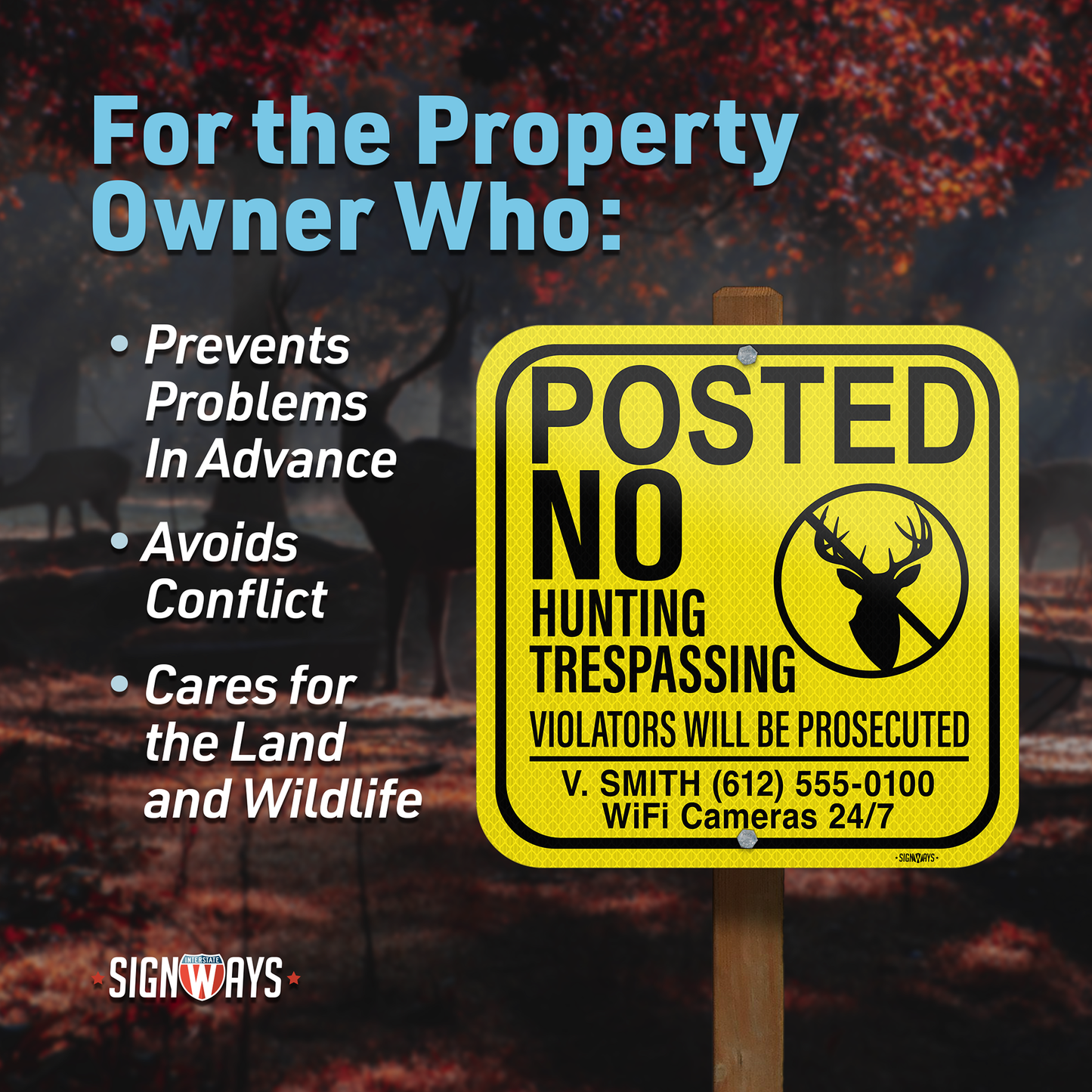 Customizable No Hunting or Trespassing Signs | Yellow / Black 12x12”