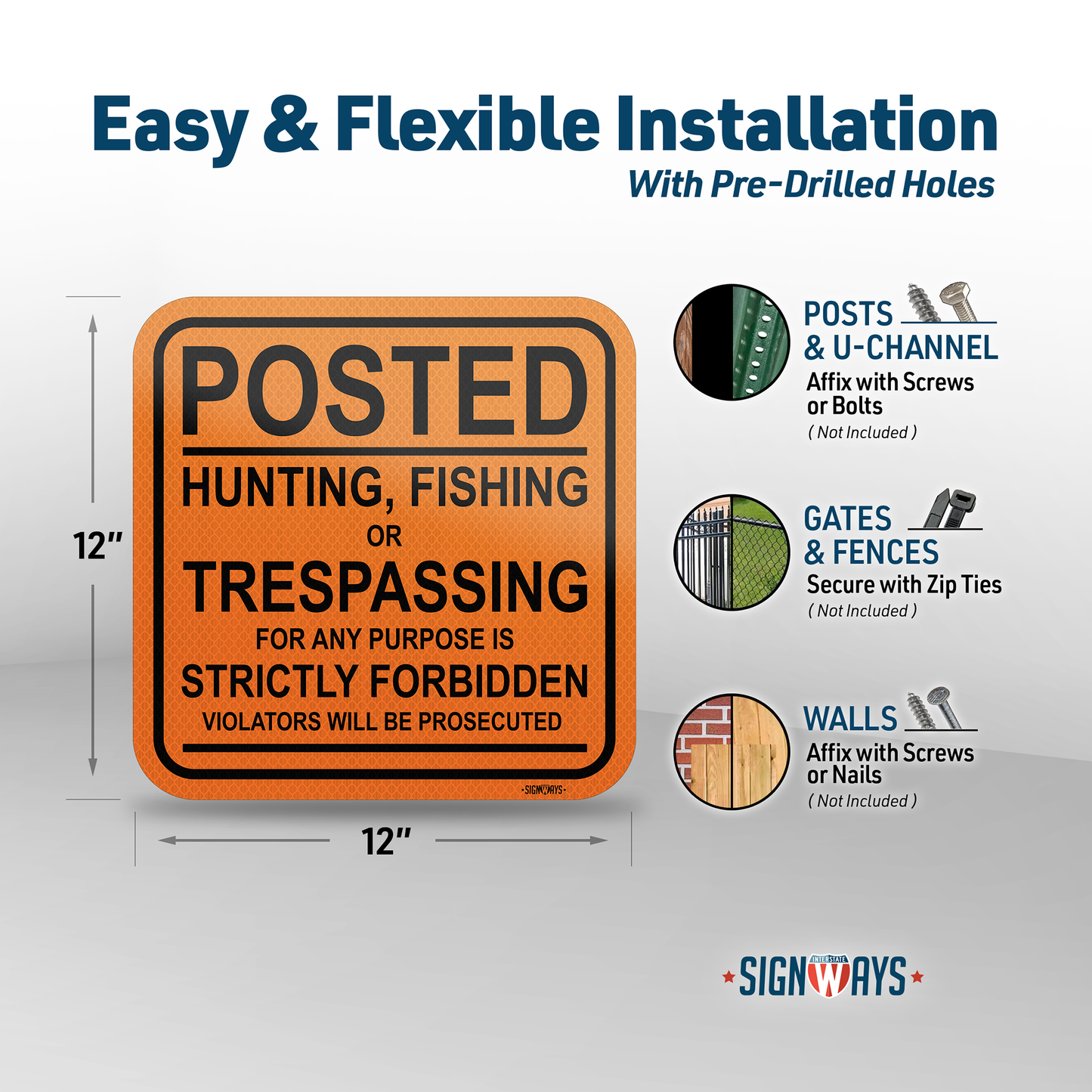 No Hunting or Trespassing Signs, No Fishing Signs | Orange / Black 12x12”