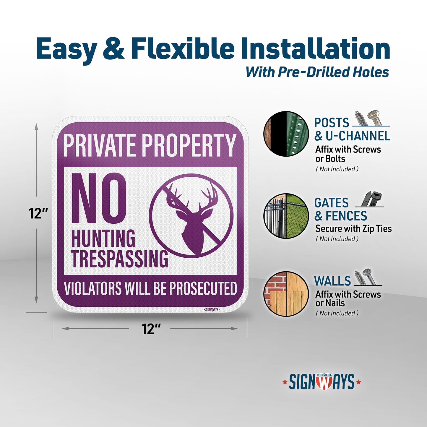 Private Property Signs, No Hunting Trespassing Signs | 3M Aluminum Purple 12x12”