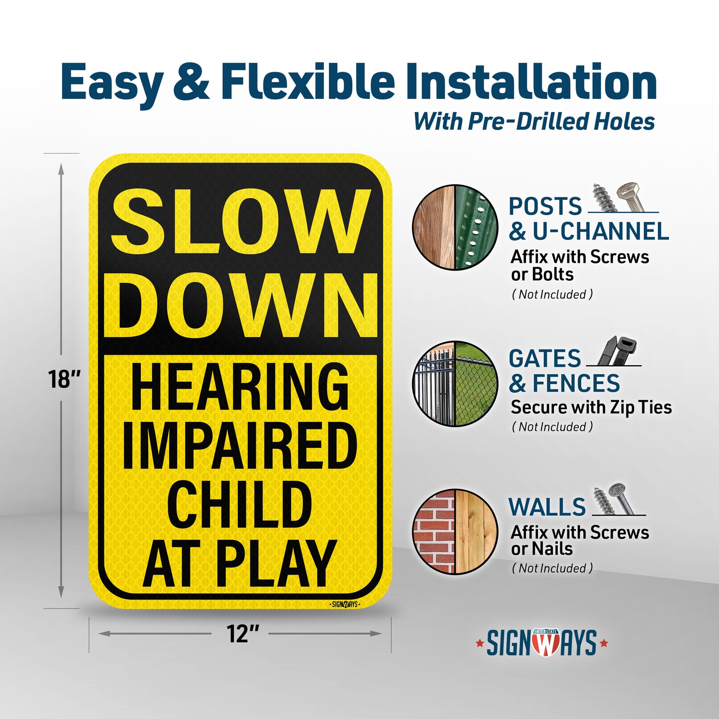 Slow Down Hearing Impaired Child at Play Sign | Slow Children at Play Sign for Street | Made in USA 12” x 18”