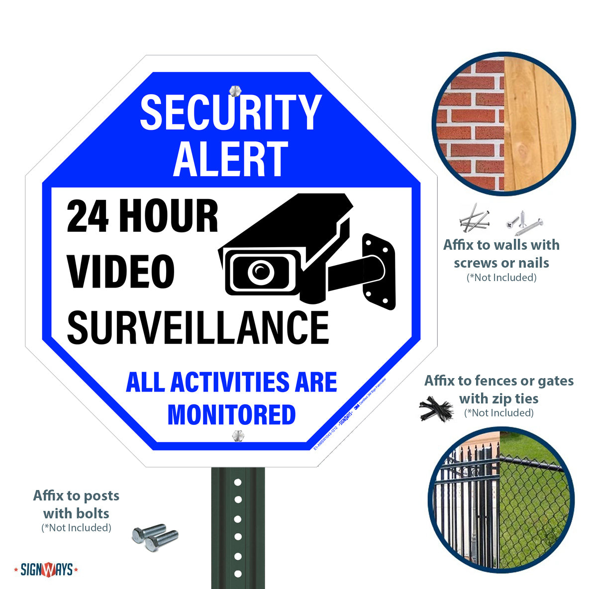 Security alert 24 hour video surveillance all activities are monitored sign