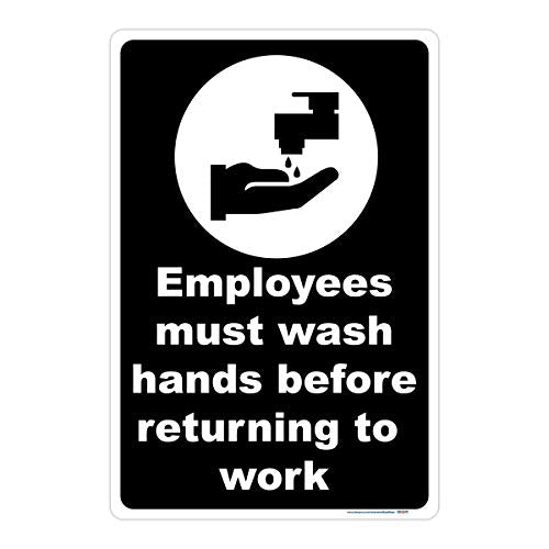 Employees Must Wash Hands Vertical Black / White Metal Sign