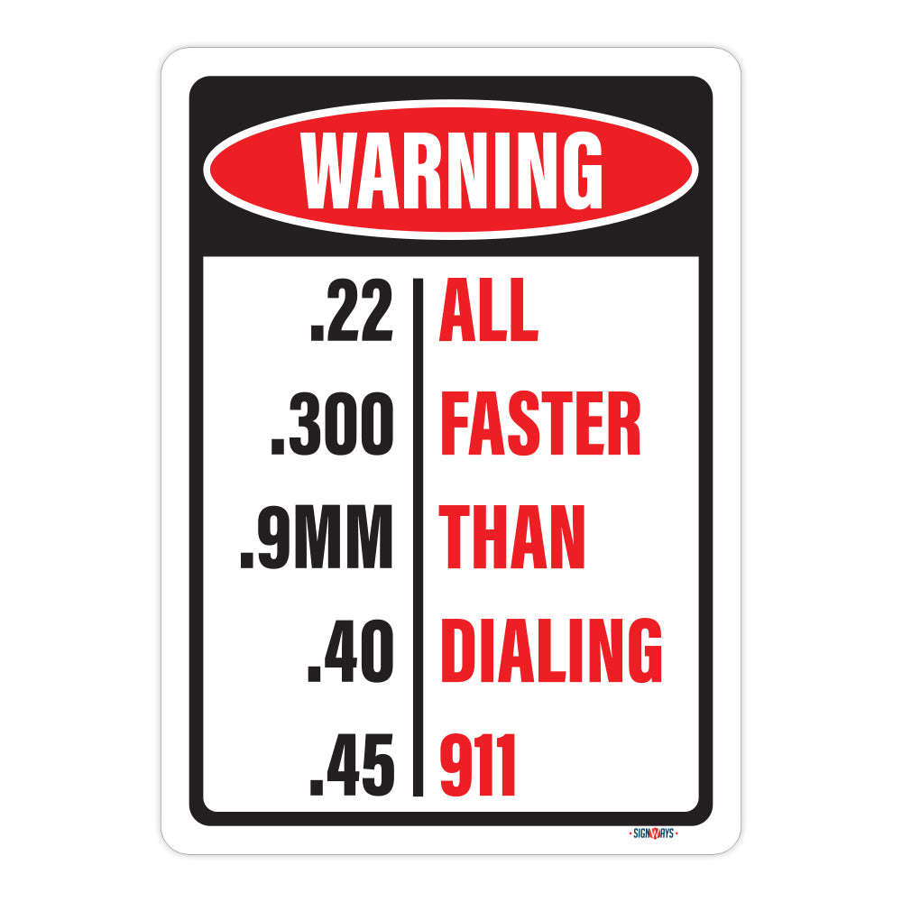 Warning, .22, .300, .9MM, .40, .45, All Faster Than Dialing 911 Sign