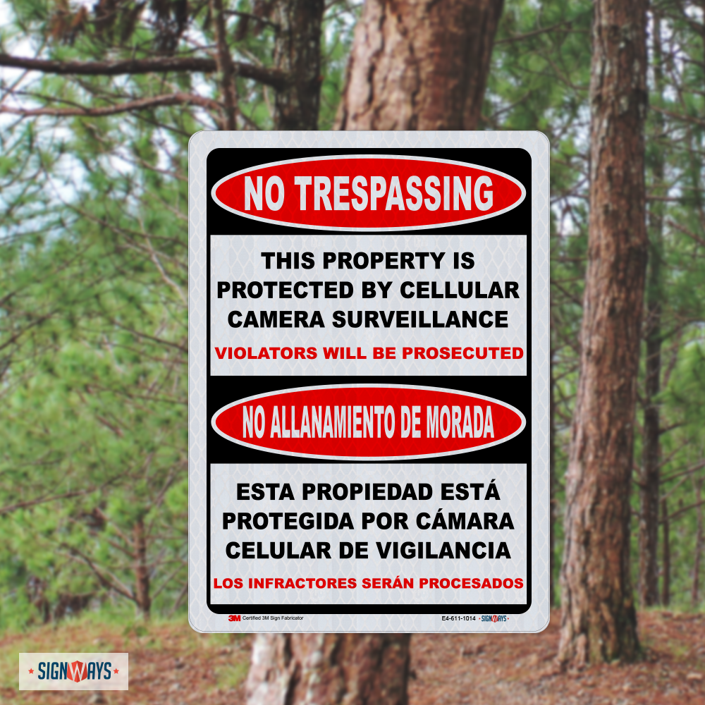 Bilingual No Trespassing This Property Is Protected By Cellular Camera Surveillance Sign