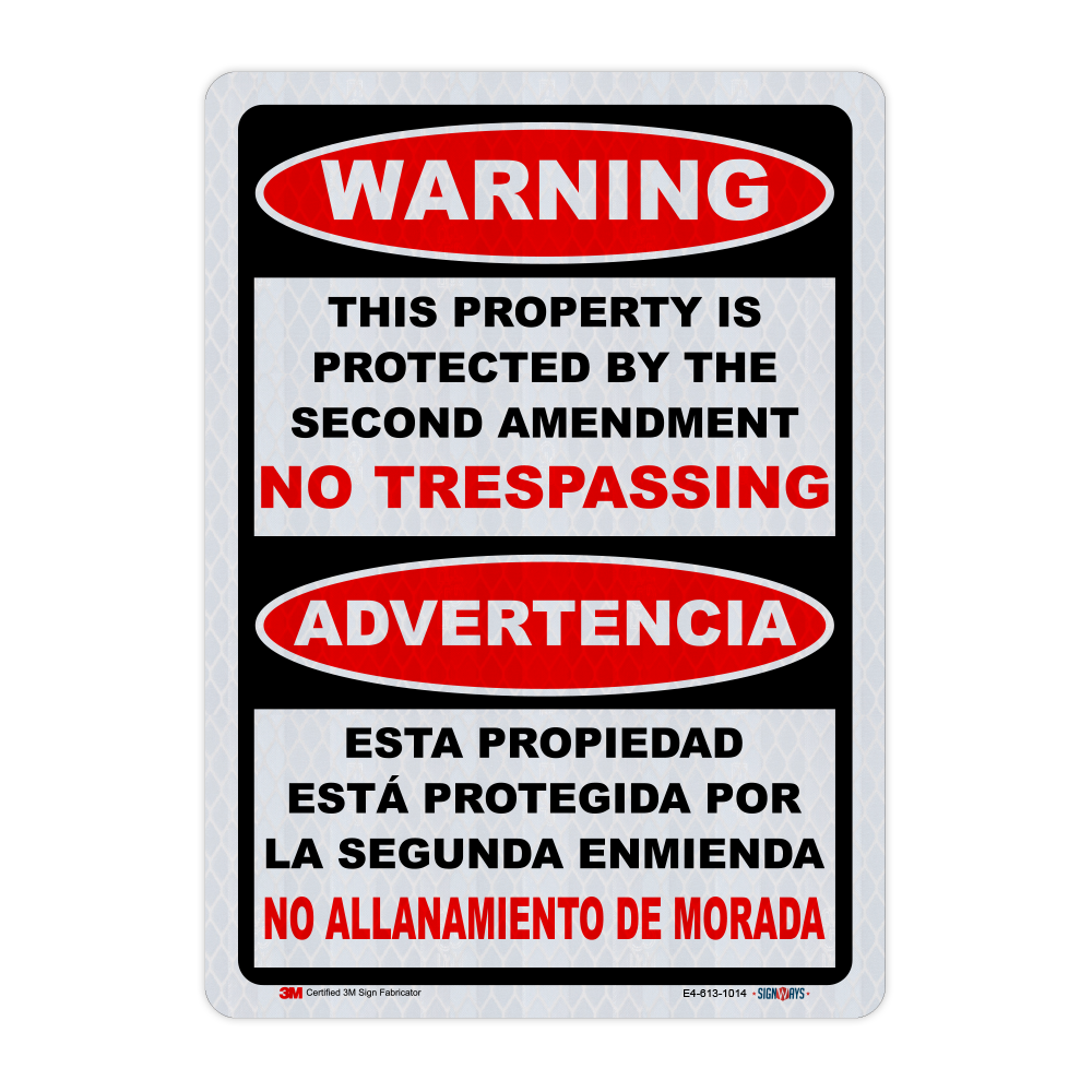 Bilingual - Warning This Property Is Protected By The Second Amendment Sign