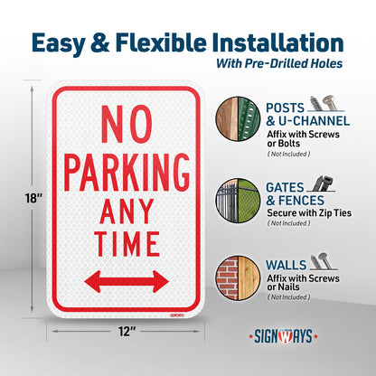 SignWays No Parking Any Time Signs (Double Arrows, White Red) | No Parking Signs Metal | Made in USA 12” x 18”