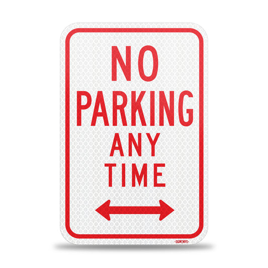 SignWays No Parking Any Time Signs (Double Arrows, White Red) | No Parking Signs Metal | Made in USA 12” x 18”