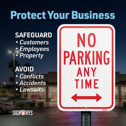 SignWays No Parking Any Time Signs (Double Arrows, White Red) | No Parking Signs Metal | Made in USA 12” x 18”