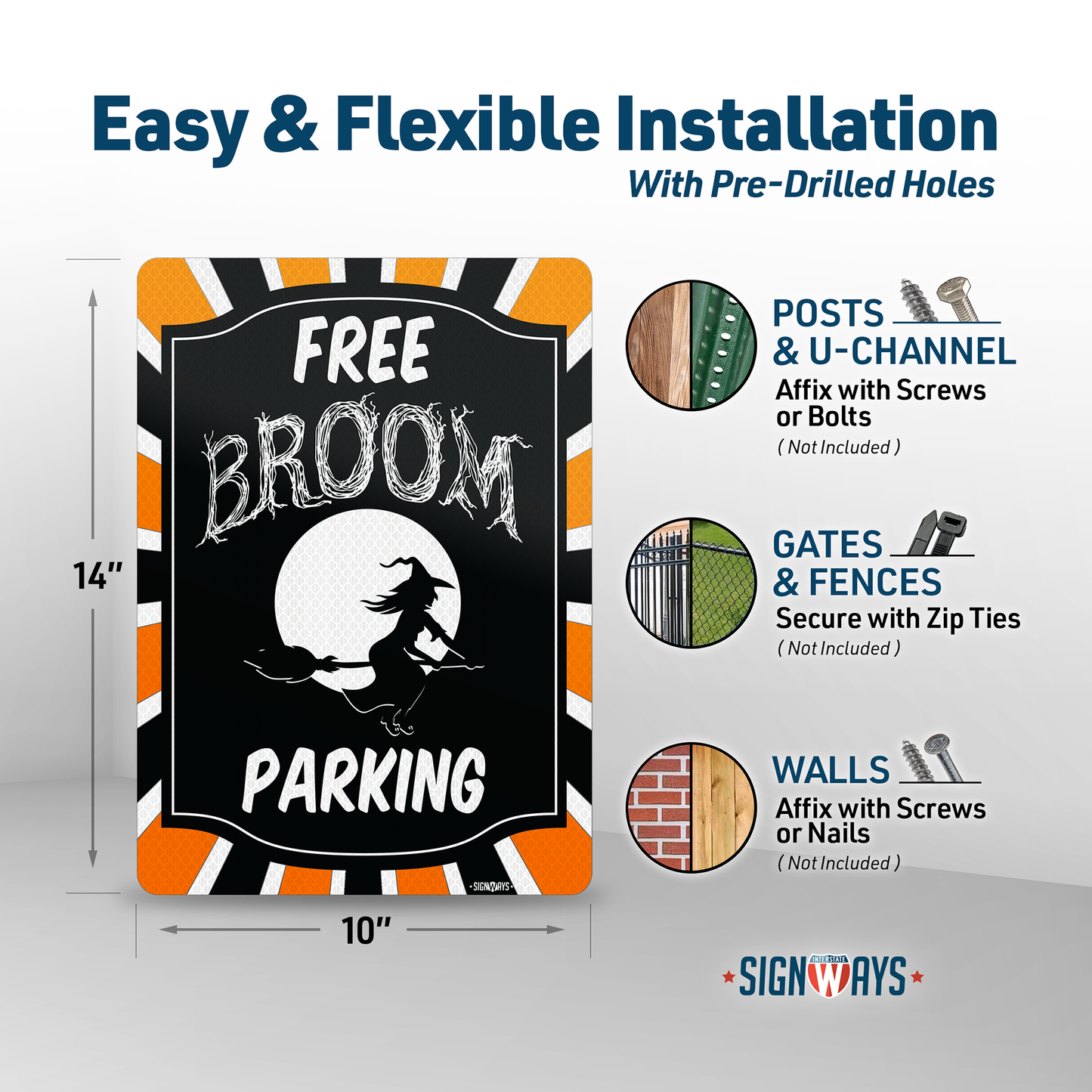 Witches Broom Halloween Décor, Free Broom Parking Sign for Outdoor Aluminum 14x10”