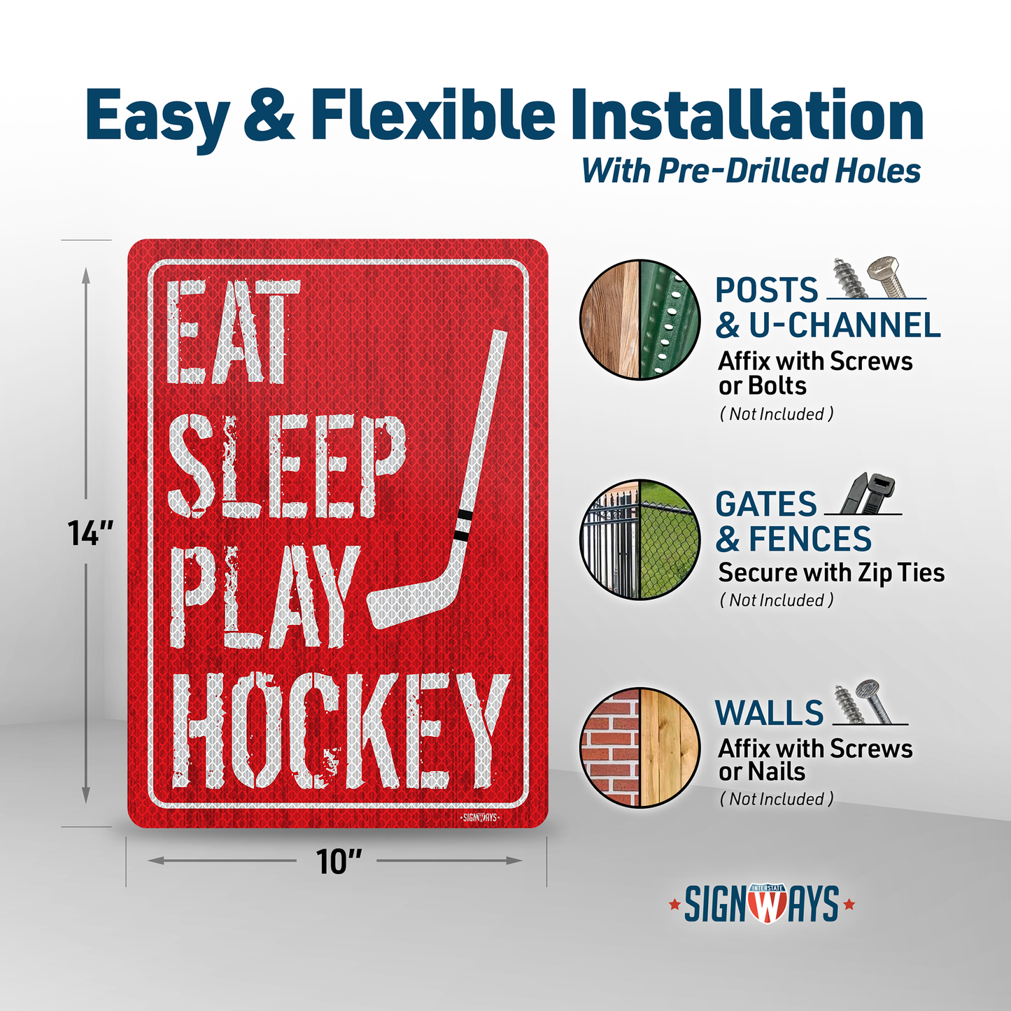 Hockey Wall Decor for Boys Room | Eat Sleep Play Hockey Sign | Signs Wall Art Novelty Decal | Vertical 10x14”