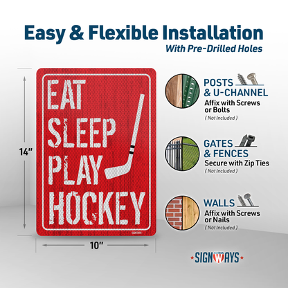Hockey Wall Decor for Boys Room | Eat Sleep Play Hockey Sign | Signs Wall Art Novelty Decal | Vertical 10x14”