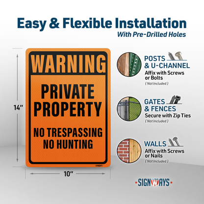 No Trespassing Private Property Metal Sign | Reflective Orange Black 10x14”