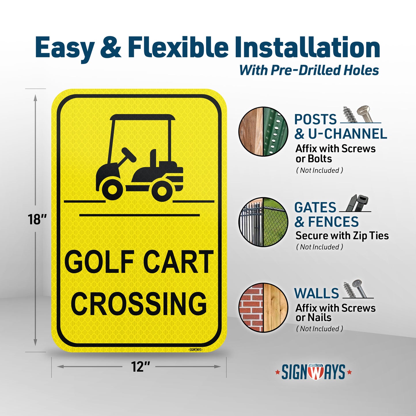 SignWays Golf Cart Crossing Sign | Yellow Rectangle | 3M Aluminum | Made in USA 12” x 18”