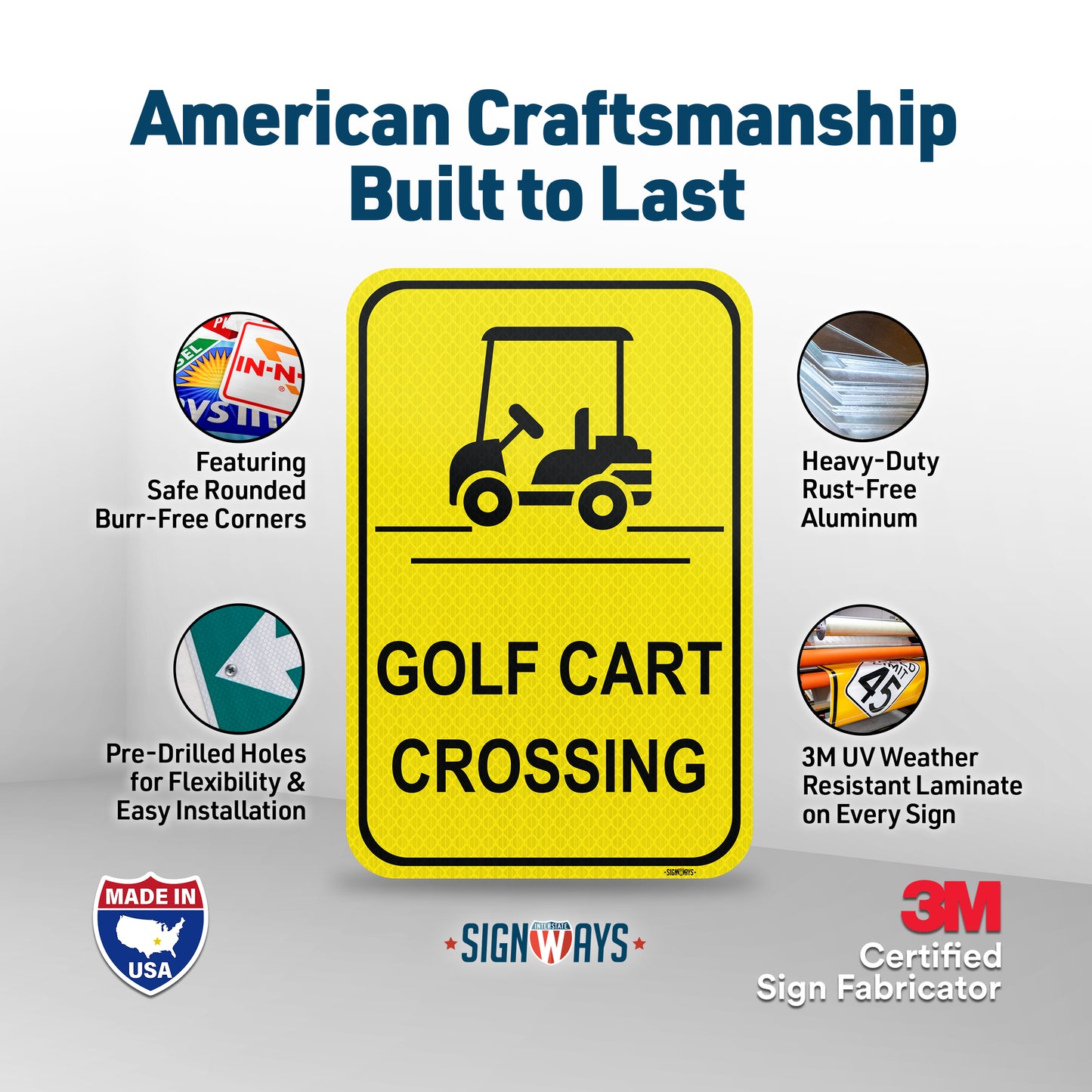 SignWays Golf Cart Crossing Sign | Yellow Rectangle | 3M Aluminum | Made in USA 12” x 18”