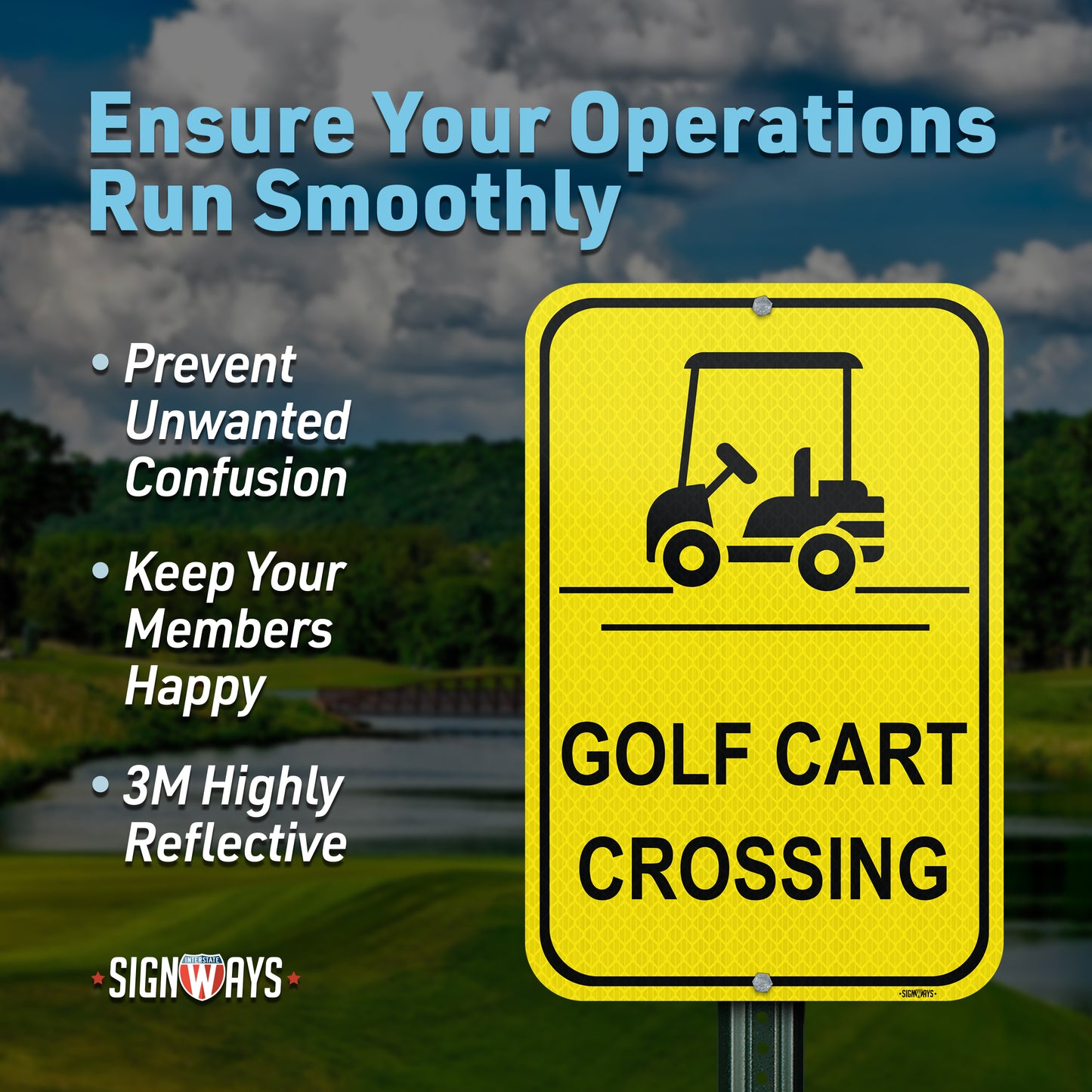 SignWays Golf Cart Crossing Sign | Yellow Rectangle | 3M Aluminum | Made in USA 12” x 18”