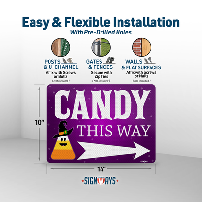 Trick or Treat Sign | Halloween Candy This Way Sign Right Arrow Reflective 14x10”