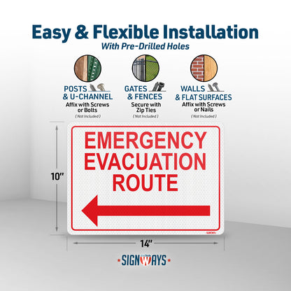 Emergency Evacuation Route Sign with Arrow Left | 3M Grade Aluminum Sheeting Reflective | Made in USA | 14” x 10”