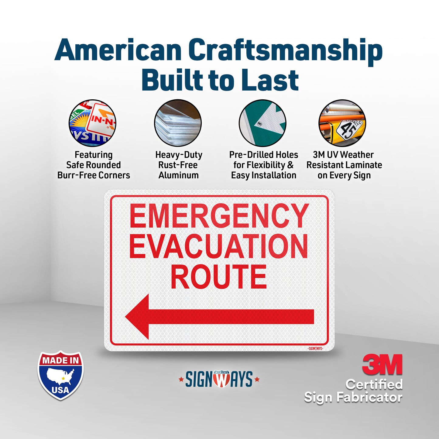 Emergency Evacuation Route Sign with Arrow Left | 3M Grade Aluminum Sheeting Reflective | Made in USA | 14” x 10”