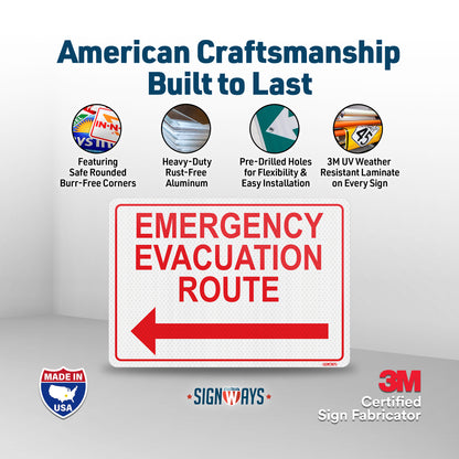 Emergency Evacuation Route Sign with Arrow Left | 3M Grade Aluminum Sheeting Reflective | Made in USA | 14” x 10”