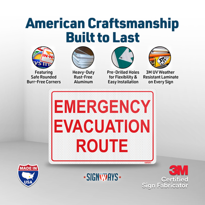 Emergency Evacuation Route Sign | 3M Grade Aluminum Sheeting Reflective | Made in USA