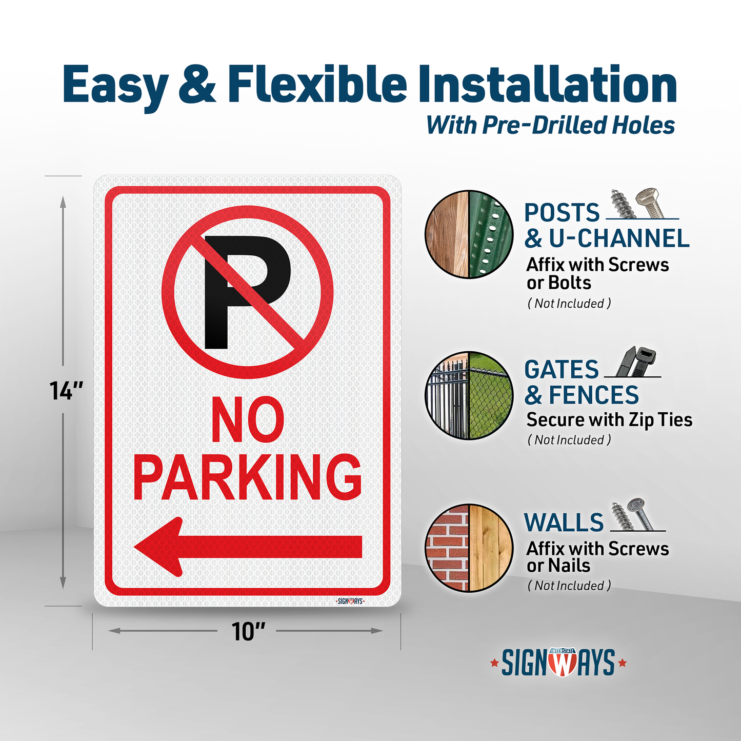 No Parking Sign Aluminum (Left Arrow w Symbol) | 3M Grade Aluminum Reflective | Weather-Proof | Made in USA