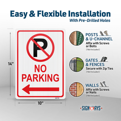 No Parking Sign Aluminum (Left Arrow w Symbol) | 3M Grade Aluminum Reflective | Weather-Proof | Made in USA