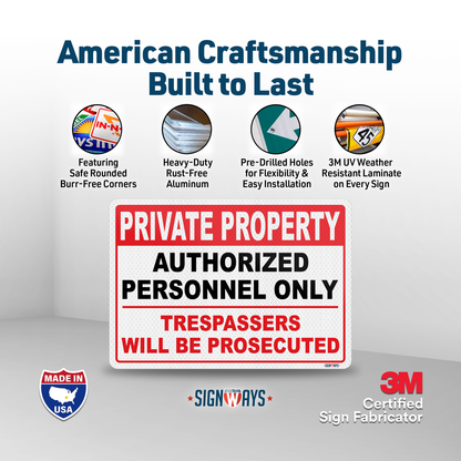 SignWays Private Property Authorized Personnel Only Sign | Restricted Area Authorized Personnel Only Sign | Made in USA