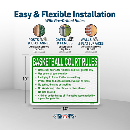 Basketball Court Rules Sign | Gym Rules Signs for Business Community Safety | Horizontal