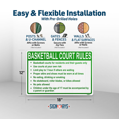 Basketball Court Rules Sign | Gym Rules Signs for Business Community Safety | Horizontal