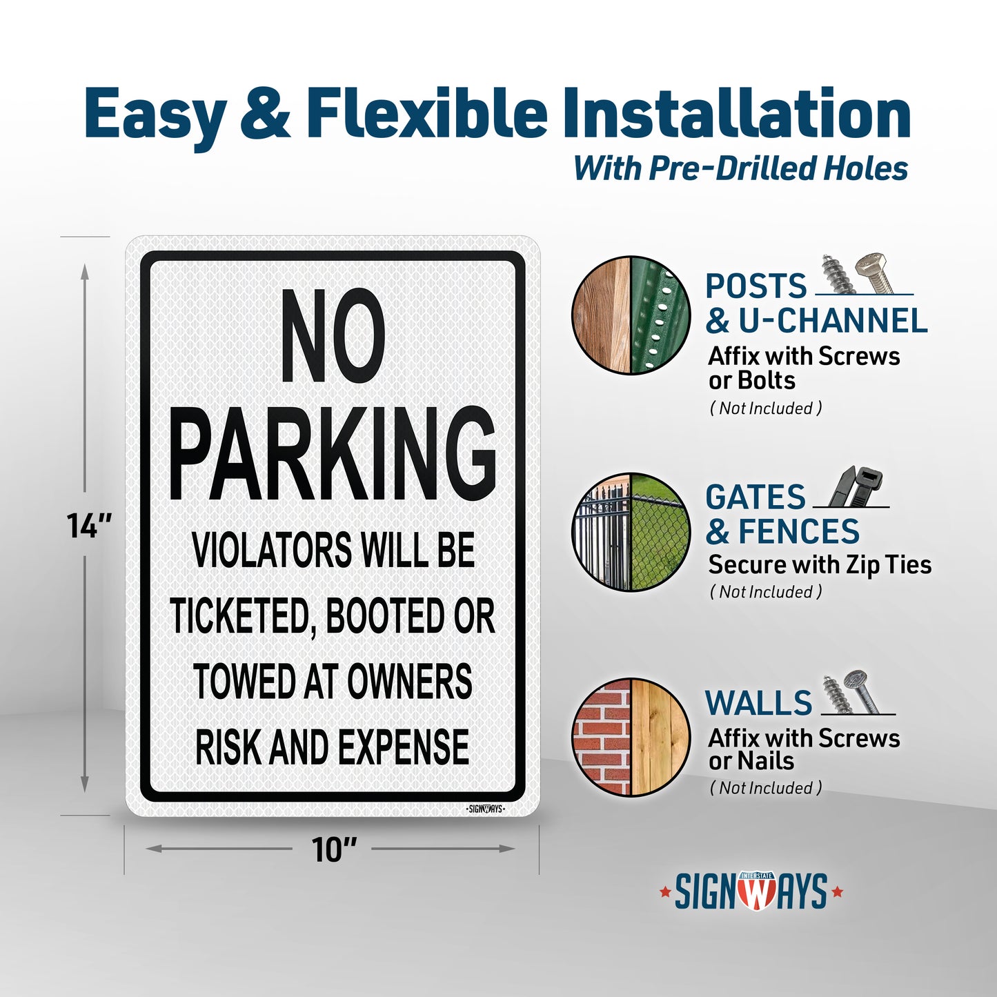 SignWays No Parking Signs | Violators Ticketed, Booted, or Towed Sign | Black White Vertical | Made in USA