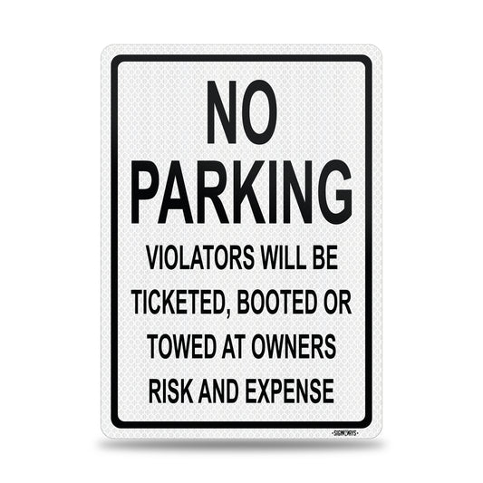 SignWays No Parking Signs | Violators Ticketed, Booted, or Towed Sign | Black White Vertical | Made in USA