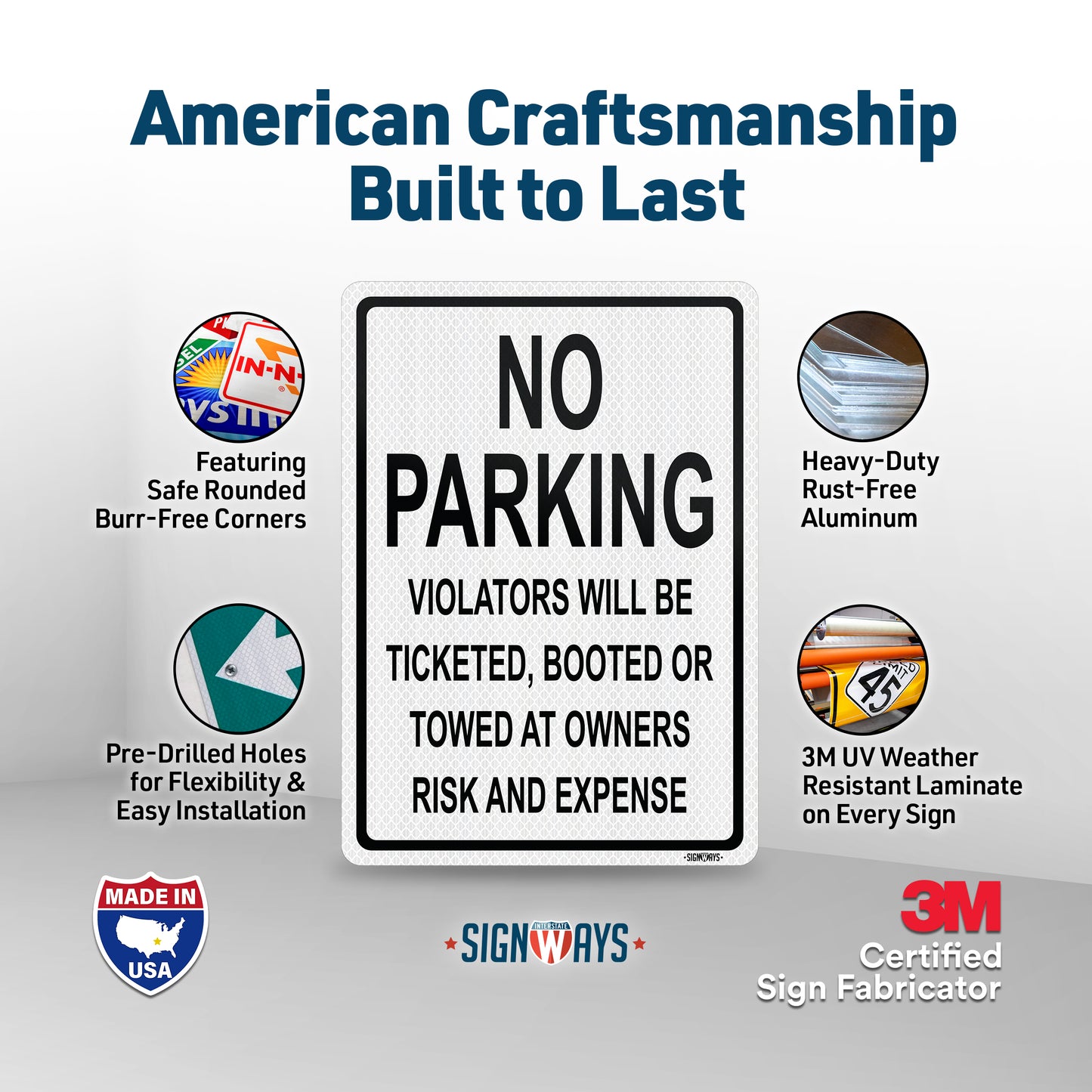 SignWays No Parking Signs | Violators Ticketed, Booted, or Towed Sign | Black White Vertical | Made in USA