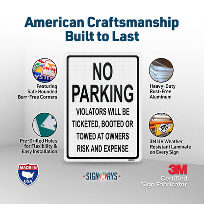 SignWays No Parking Signs | Violators Ticketed, Booted, or Towed Sign | Black White Vertical | Made in USA