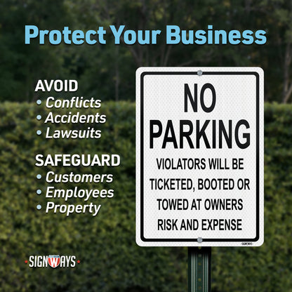 SignWays No Parking Signs | Violators Ticketed, Booted, or Towed Sign | Black White Vertical | Made in USA