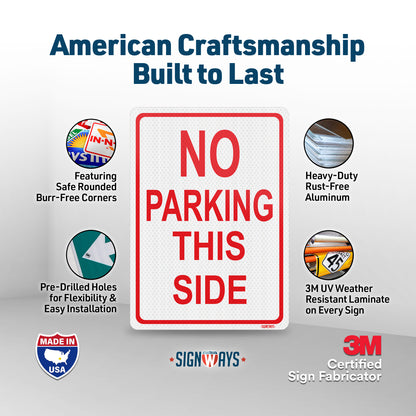 SignWays No Parking This Side Sign | No Parking Signs, White Red Vertical