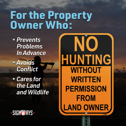SignWays No Hunting Signs Private Property | (Orange and Black) 12x18”