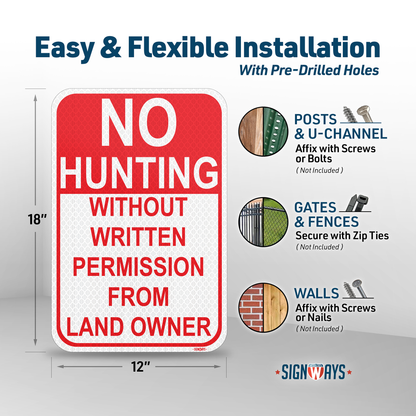 SignWays No Hunting Signs Private Property | (Red and White) 12x18”