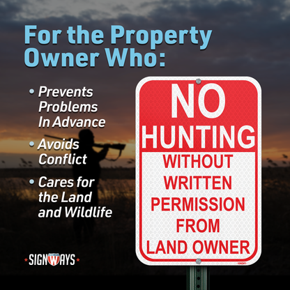 SignWays No Hunting Signs Private Property | (Red and White) 12x18”