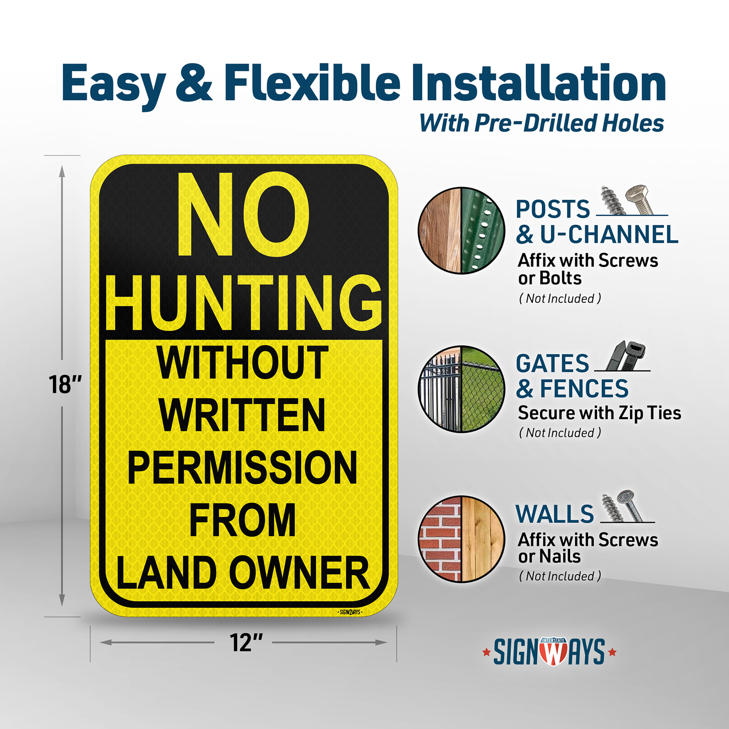 SignWays No Hunting Signs Private Property | (Yellow and Black) 12x18”